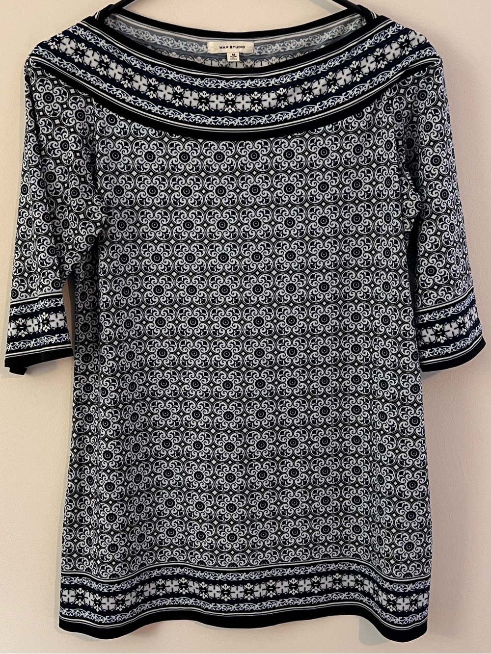 Max Studio Navy and White Geometric Border-Print Boat Neck 3/4 Sleeve Top